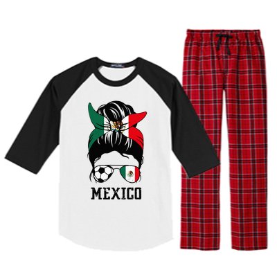 Mexican Soccer Girl Mom Messy Bun Mexico Flag Football Fan Raglan Sleeve Pajama Set