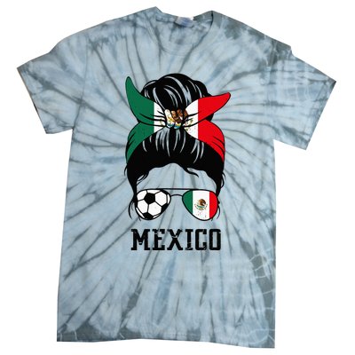 Mexican Soccer Girl Mom Messy Bun Mexico Flag Football Fan Tie-Dye T-Shirt