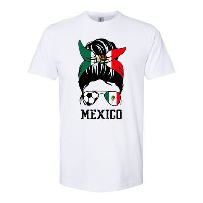 Mexican Soccer Girl Mom Messy Bun Mexico Flag Football Fan Softstyle® CVC T-Shirt