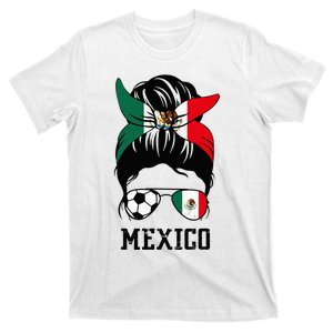 Mexican Soccer Girl Mom Messy Bun Mexico Flag Football Fan T-Shirt