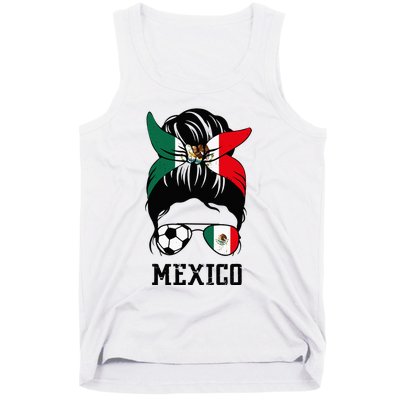 Mexican Soccer Girl Mom Messy Bun Mexico Flag Football Fan Tank Top