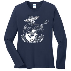 Mariachi Skeleton Guitar Racerback Ladies Long Sleeve Shirt