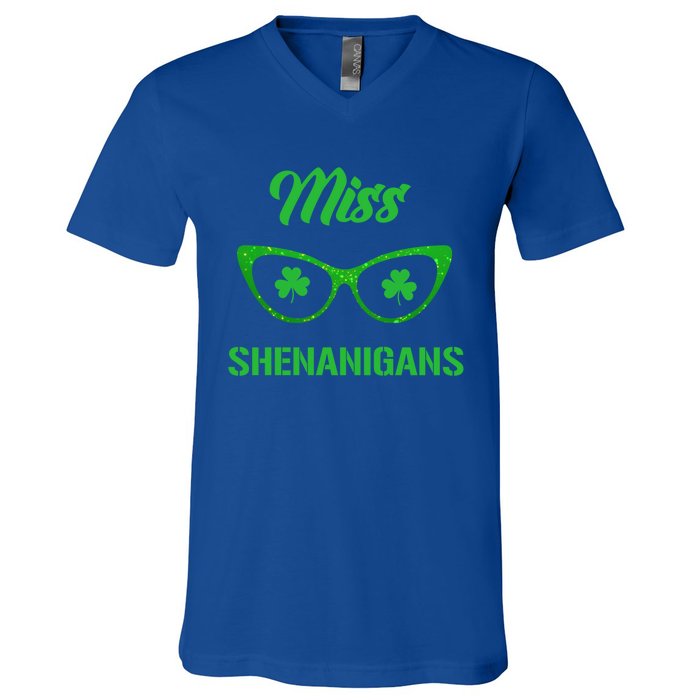 Miss Shenanigans Galasses Shamrock St Patrick's Day Party Cute Gift V-Neck T-Shirt