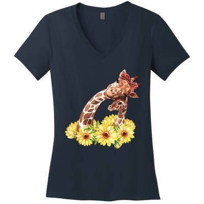 Mom Sunflower Gift Safari Africa Animal Giraffe Women's V-Neck T-Shirt