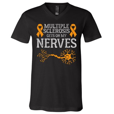 Multiple Sclerosis Gets On My Nerves Awareness Orange V-Neck T-Shirt