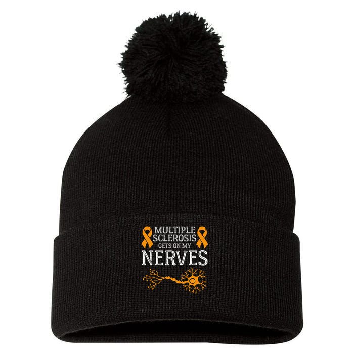 Multiple Sclerosis Gets On My Nerves Awareness Orange Pom Pom 12in Knit Beanie