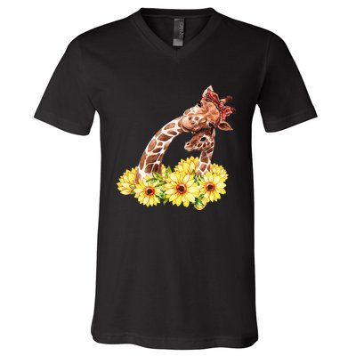 Mom Sunflower Gift Safari Africa Animal Baby Giraffe V-Neck T-Shirt