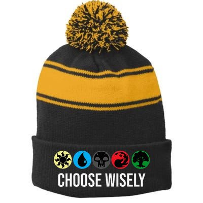 M.A.N.A Symbols Gathering Magic Choose Wisely Blue Red Green Stripe Pom Pom Beanie
