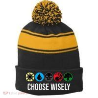 M.A.N.A Symbols Gathering Magic Choose Wisely Blue Red Green Stripe Pom Pom Beanie
