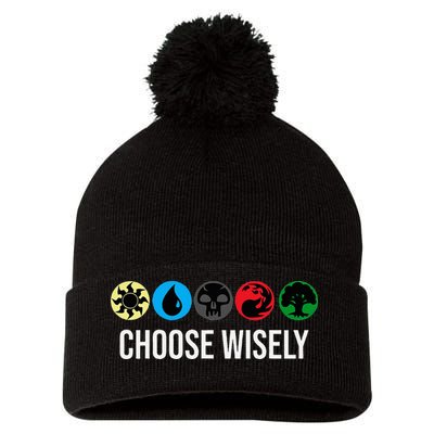 M.A.N.A Symbols Gathering Magic Choose Wisely Blue Red Green Pom Pom 12in Knit Beanie