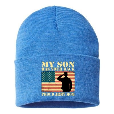 My Son Has Your Back Proud Army Mom Military Mother Funny Gift Sustainable Knit Beanie