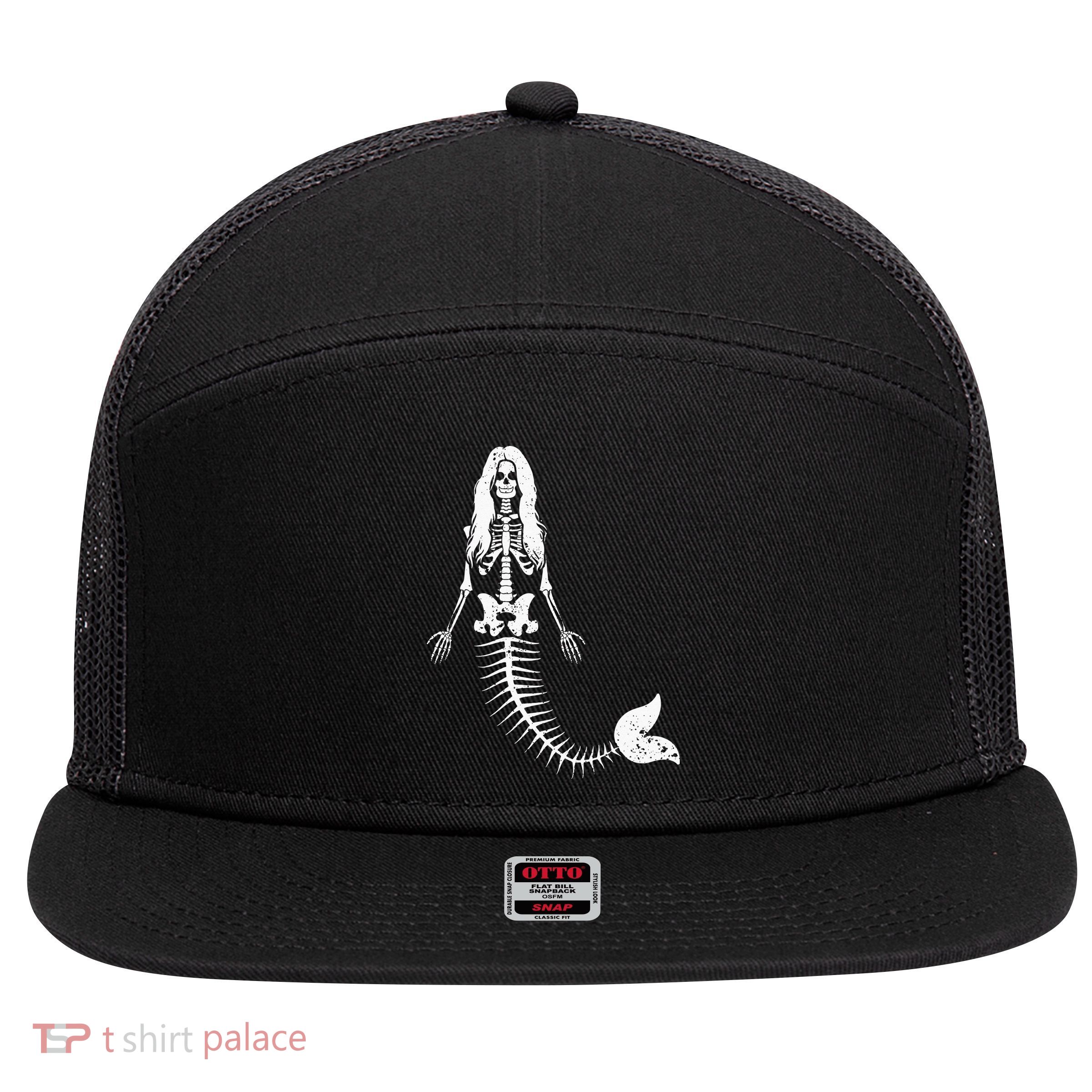 Mermaid Skeleton Halloween Funny Spooky Scary Swimming 7 Panel Mesh Trucker Snapback Hat