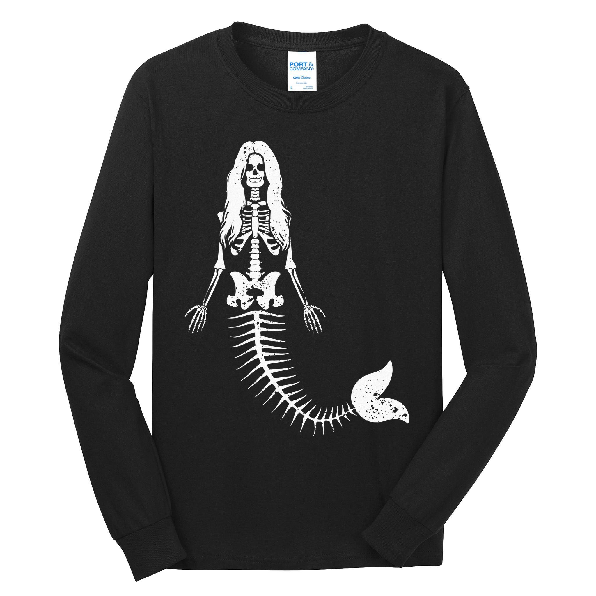 Mermaid Skeleton Halloween Funny Spooky Scary Swimming Tall Long Sleeve T-Shirt