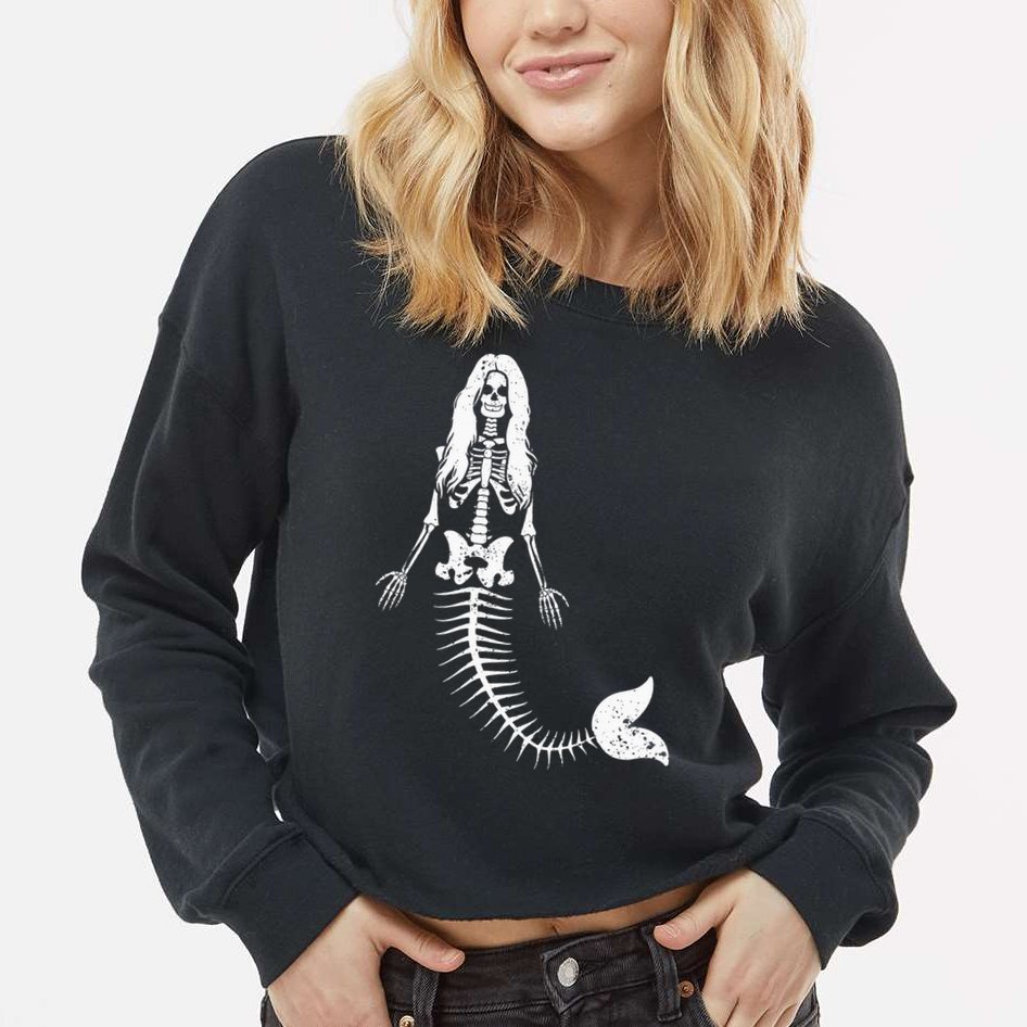 Mermaid Skeleton Halloween Funny Spooky Scary Swimming Cropped Pullover Crew