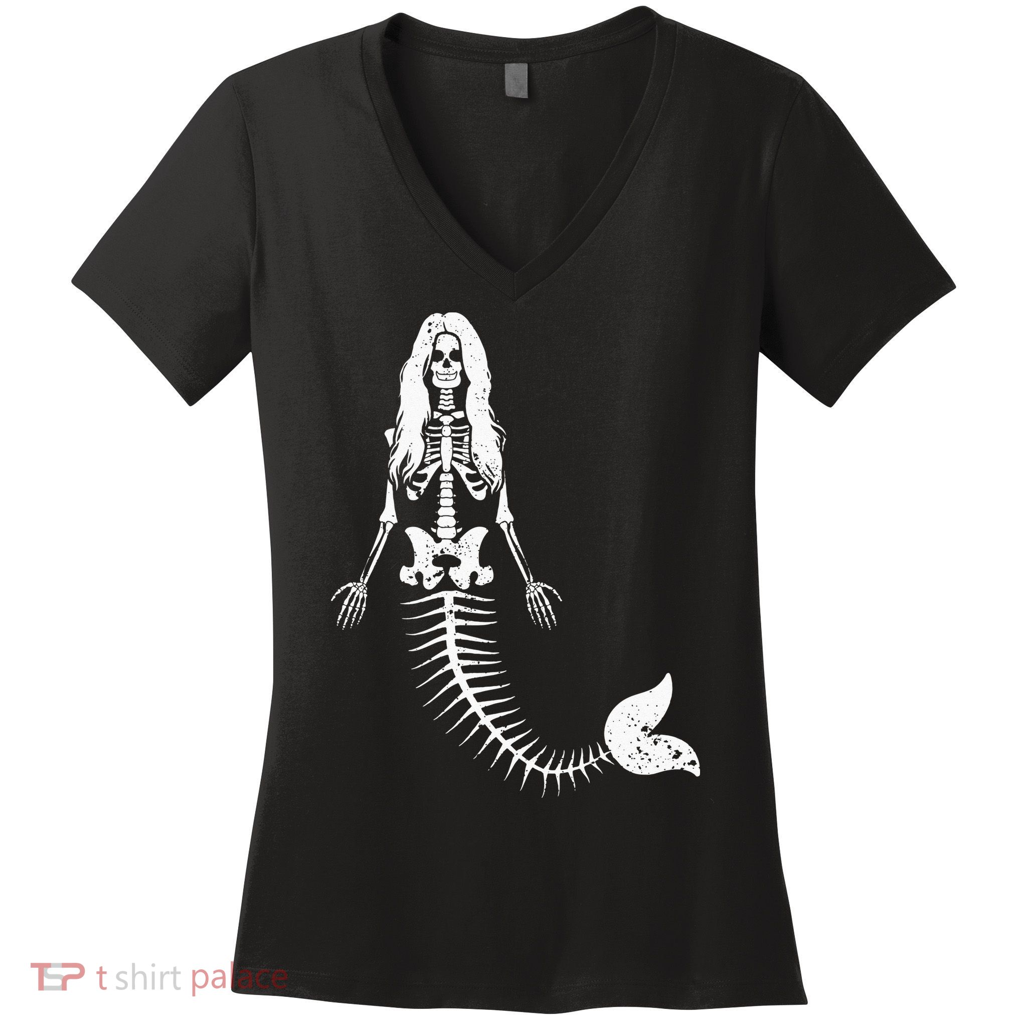 Mermaid Skeleton Halloween Funny Spooky Scary Swimming Women's V-Neck T-Shirt