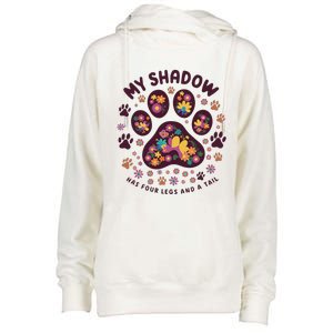 My Shadow Has Four Legs And A Tail Floral Paw Pattern Womens Funnel Neck Pullover Hood