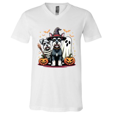 Miniature Schnauzer Halloween Costume Mummy Witch Ghost Dog V-Neck T-Shirt