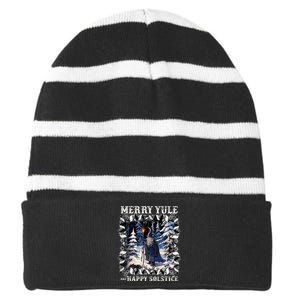 Merry Solstice Happy Yule Christmas Bird Nordic Xmas Striped Beanie with Solid Band