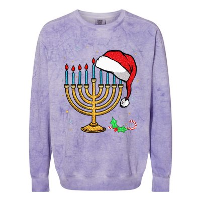 Menorah Santa Hat Chanukah Hanukkah Jewish Christmas Pajama  Colorblast Crewneck Sweatshirt