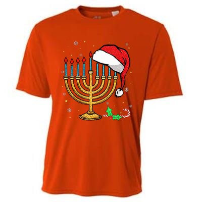 Menorah Santa Hat Chanukah Hanukkah Jewish Christmas Pajama  Cooling Performance Crew T-Shirt