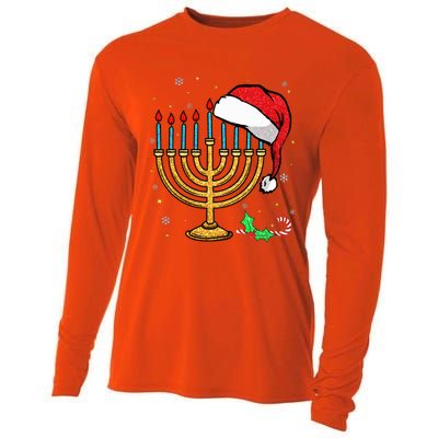 Menorah Santa Hat Chanukah Hanukkah Jewish Christmas Pajama  Cooling Performance Long Sleeve Crew