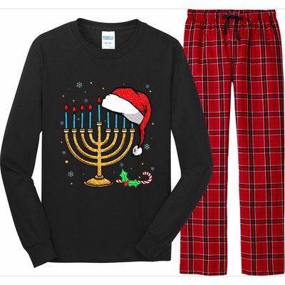 Menorah Santa Hat Chanukah Hanukkah Jewish Christmas Pajama  Long Sleeve Pajama Set