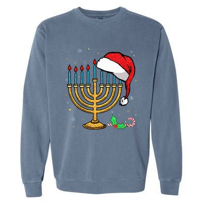 Menorah Santa Hat Chanukah Hanukkah Jewish Christmas Pajama  Garment-Dyed Sweatshirt