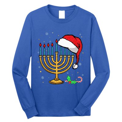 Menorah Santa Hat Chanukah Hanukkah Jewish Christmas Pajama  Long Sleeve Shirt