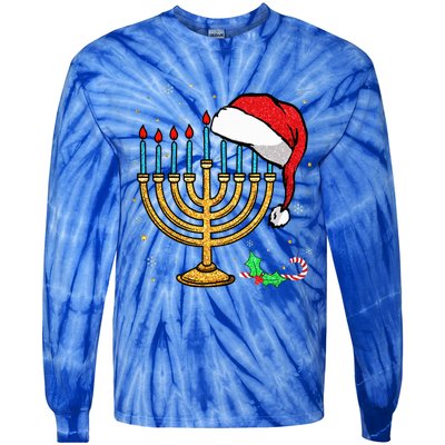 Menorah Santa Hat Chanukah Hanukkah Jewish Christmas Pajama  Tie-Dye Long Sleeve Shirt