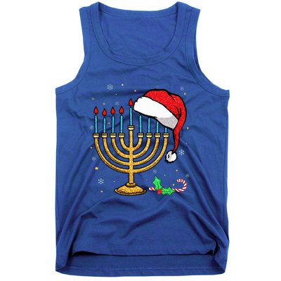 Menorah Santa Hat Chanukah Hanukkah Jewish Christmas Pajama  Tank Top