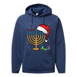 Menorah Santa Hat Chanukah Hanukkah Jewish Christmas Pajama  Performance Fleece Hoodie