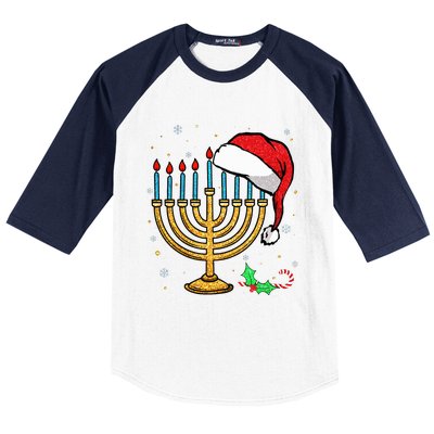 Menorah Santa Hat Chanukah Hanukkah Jewish Christmas Pajama  Baseball Sleeve Shirt