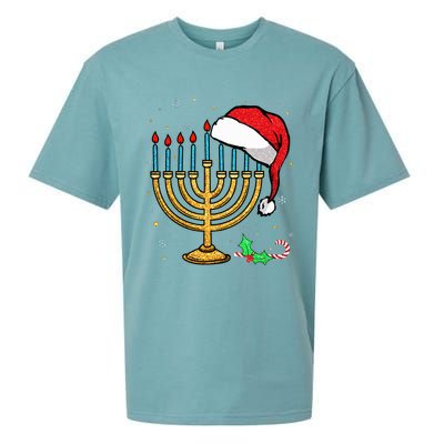 Menorah Santa Hat Chanukah Hanukkah Jewish Christmas Pajama  Sueded Cloud Jersey T-Shirt