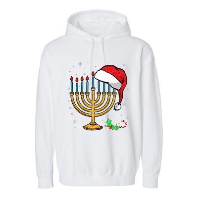 Menorah Santa Hat Chanukah Hanukkah Jewish Christmas Pajama  Garment-Dyed Fleece Hoodie