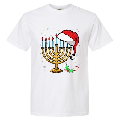 Menorah Santa Hat Chanukah Hanukkah Jewish Christmas Pajama  Garment-Dyed Heavyweight T-Shirt