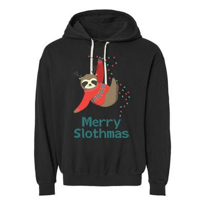 Merry Slothmas Hanging On Christmas Lights Garment-Dyed Fleece Hoodie