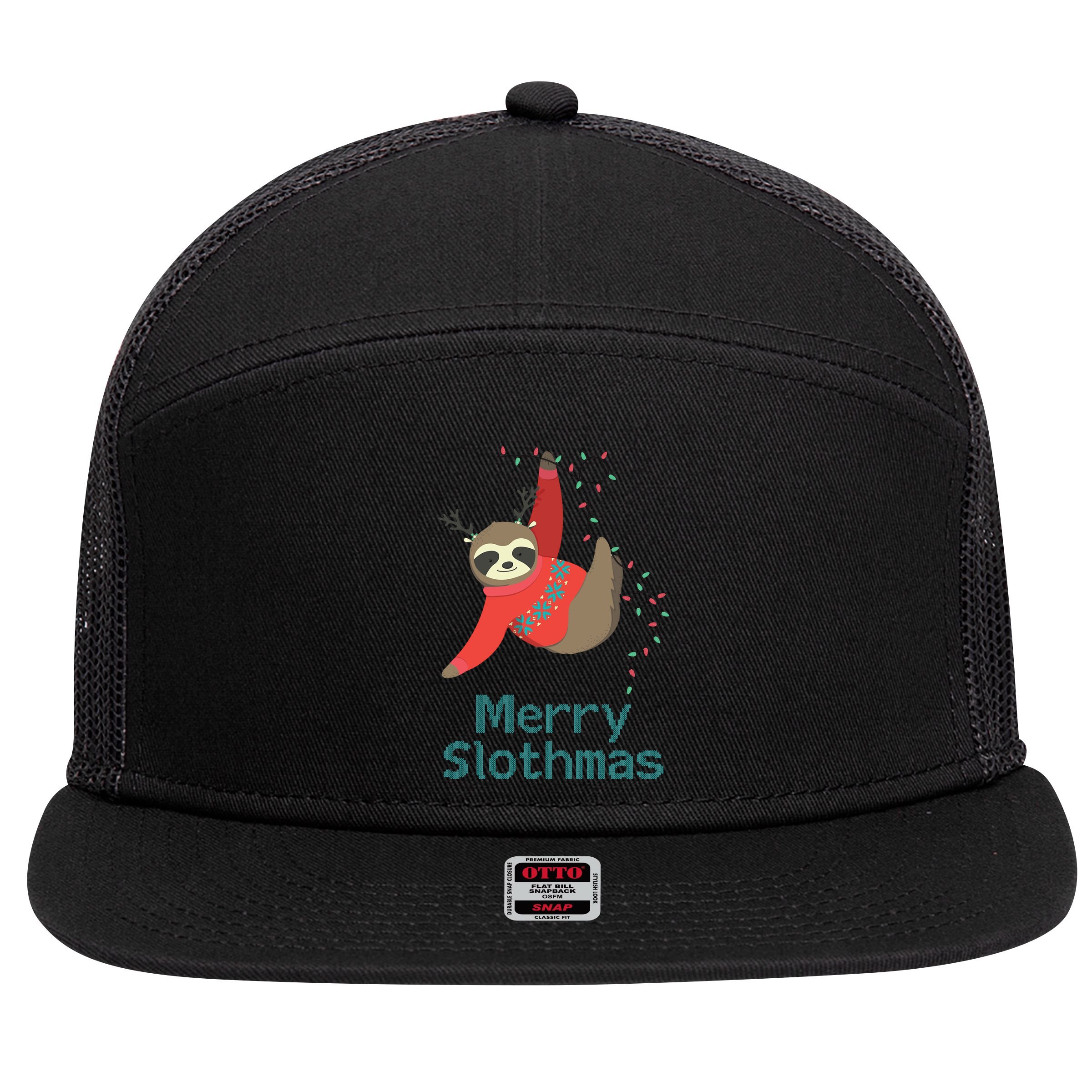 Merry Slothmas Hanging On Christmas Lights 7 Panel Mesh Trucker Snapback Hat