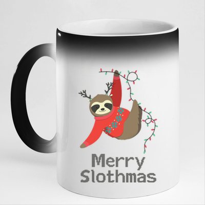 Merry Slothmas Hanging On Christmas Lights 11oz Black Color Changing Mug