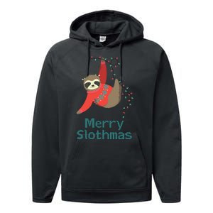 Merry Slothmas Hanging On Christmas Lights Performance Fleece Hoodie