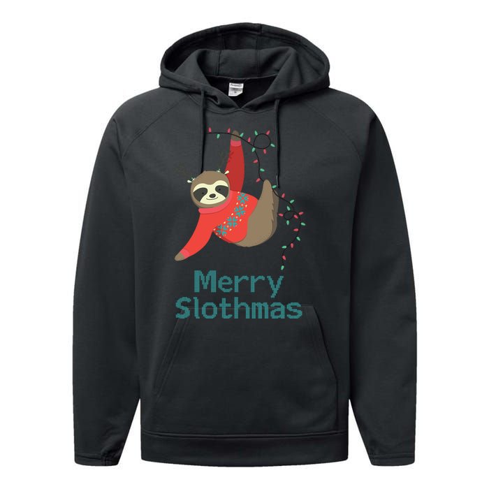 Merry Slothmas Hanging On Christmas Lights Performance Fleece Hoodie