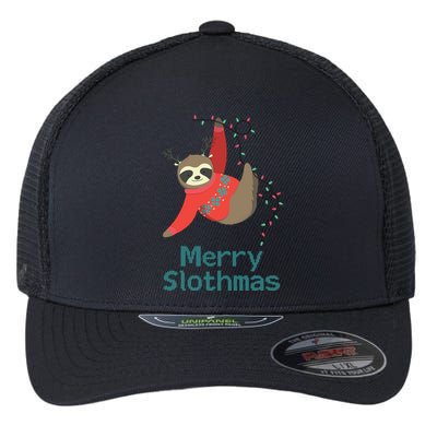 Merry Slothmas Hanging On Christmas Lights Flexfit Unipanel Trucker Cap