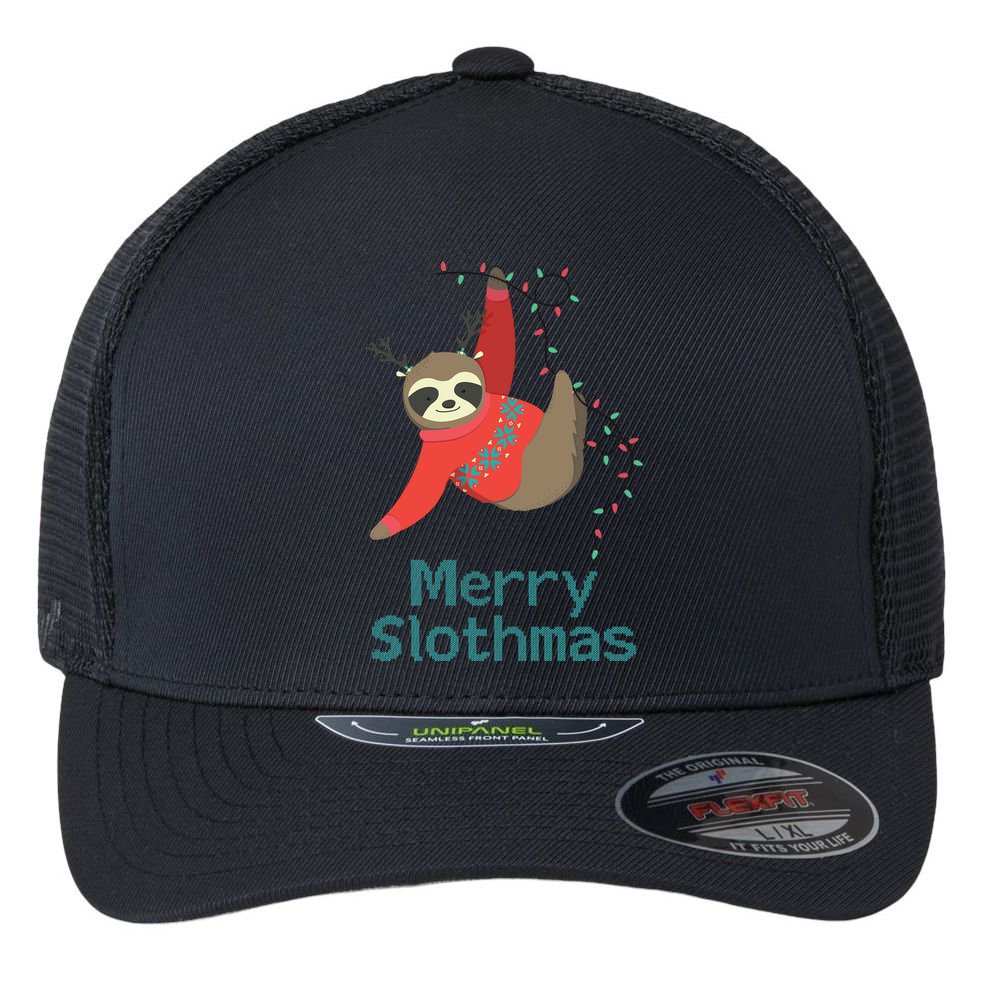 Merry Slothmas Hanging On Christmas Lights Flexfit Unipanel Trucker Cap