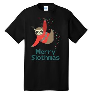 Merry Slothmas Hanging On Christmas Lights Tall T-Shirt