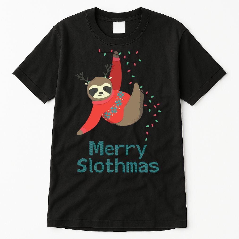Merry Slothmas Hanging On Christmas Lights Tall T-Shirt