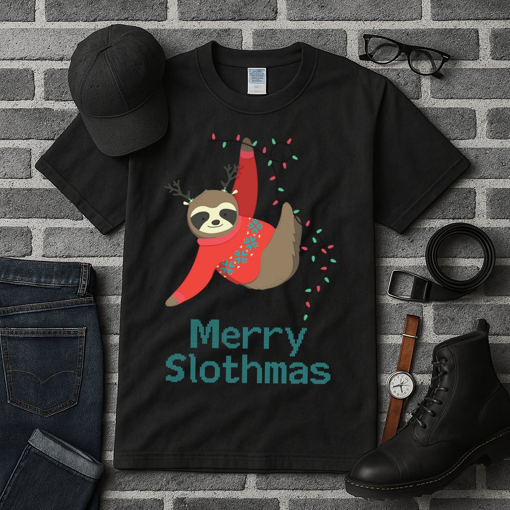 Merry Slothmas Hanging On Christmas Lights Tall T-Shirt