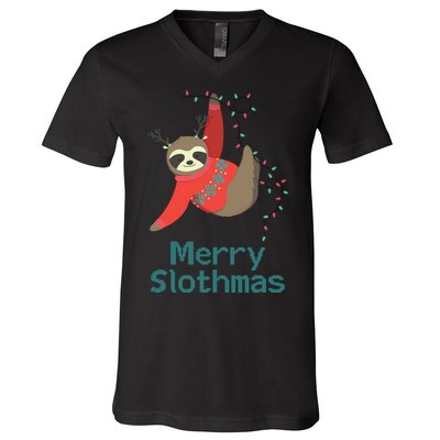 Merry Slothmas Hanging On Christmas Lights V-Neck T-Shirt
