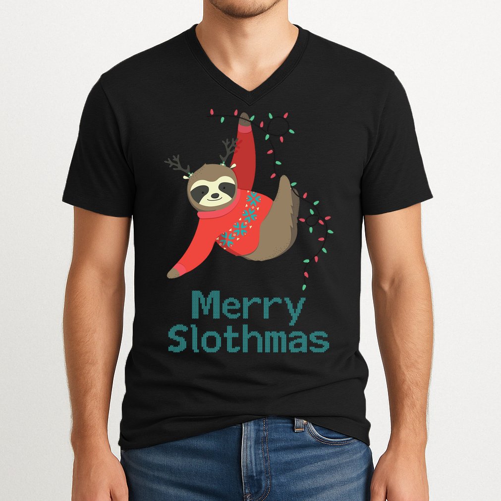 Merry Slothmas Hanging On Christmas Lights V-Neck T-Shirt