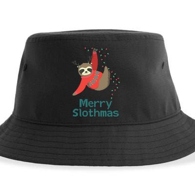 Merry Slothmas Hanging On Christmas Lights Sustainable Bucket Hat