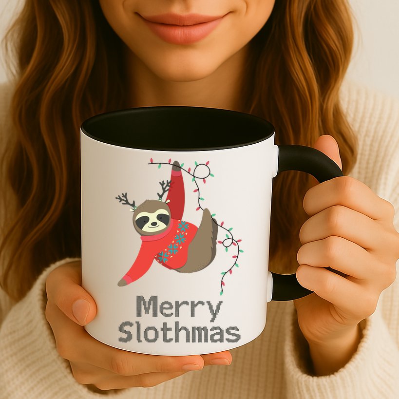 Merry Slothmas Hanging On Christmas Lights Mug