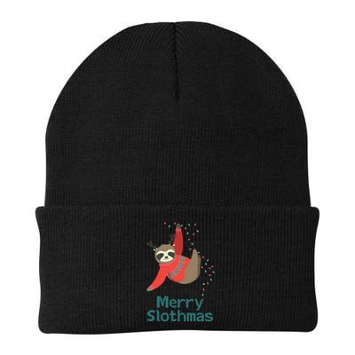 Merry Slothmas Hanging On Christmas Lights Beanie
